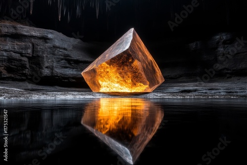 A meteorite fragment glowing faintly in a cave, surrounded by stalactites and shimmering mineral deposits