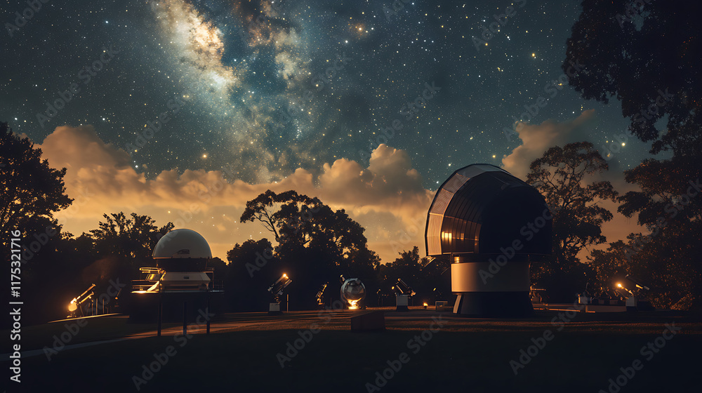 Obraz premium A stargazing event at an observatory, telescopes set up under a stunning night sky1