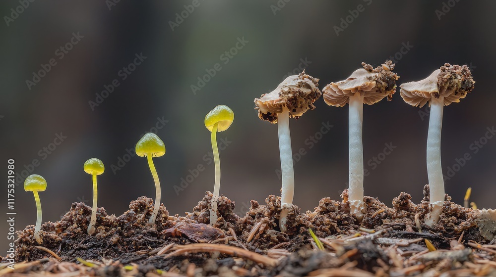 Mushroom life cycle stages in forest.