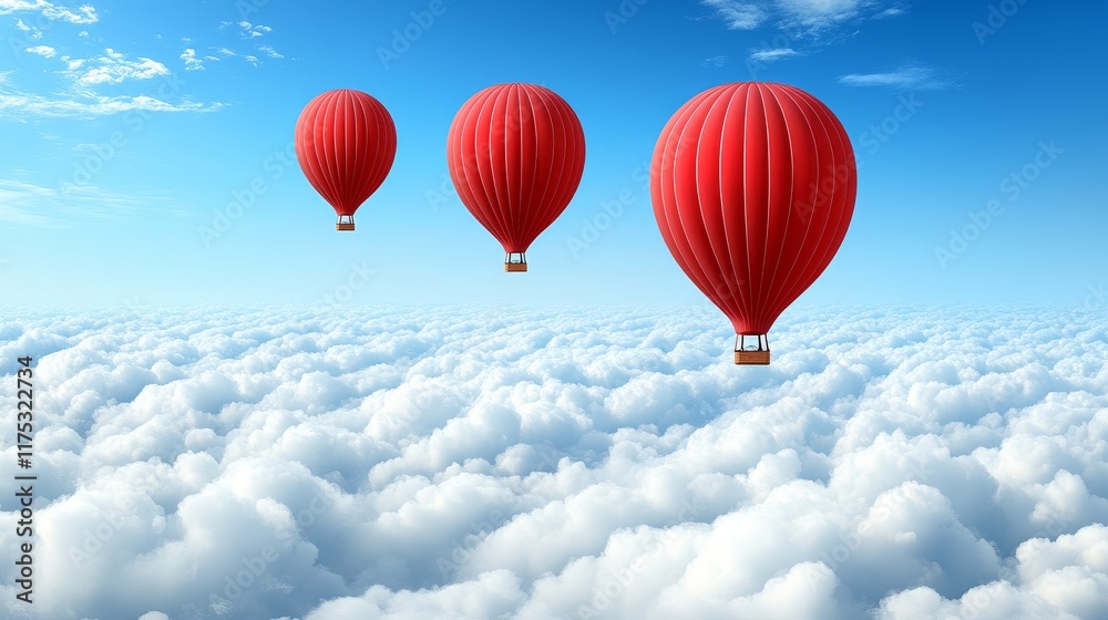 Naklejka premium Three vibrant red hot air balloons soaring gracefully above a sea of fluffy white clouds under a bright blue sky