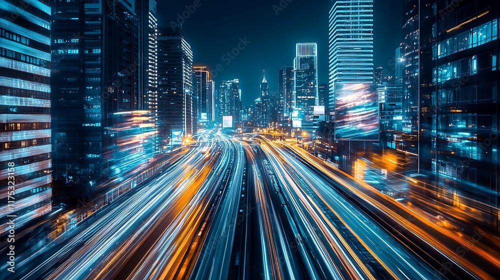 Night cityscape with vibrant light trails on a highway. Night cityscape with vibrant light trails on a highway.