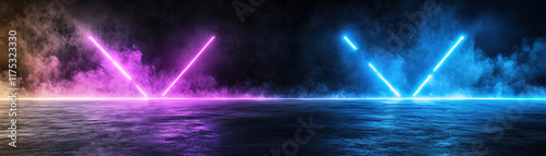 Neon lights in pink and blue create vibrant V shape on dark, misty background