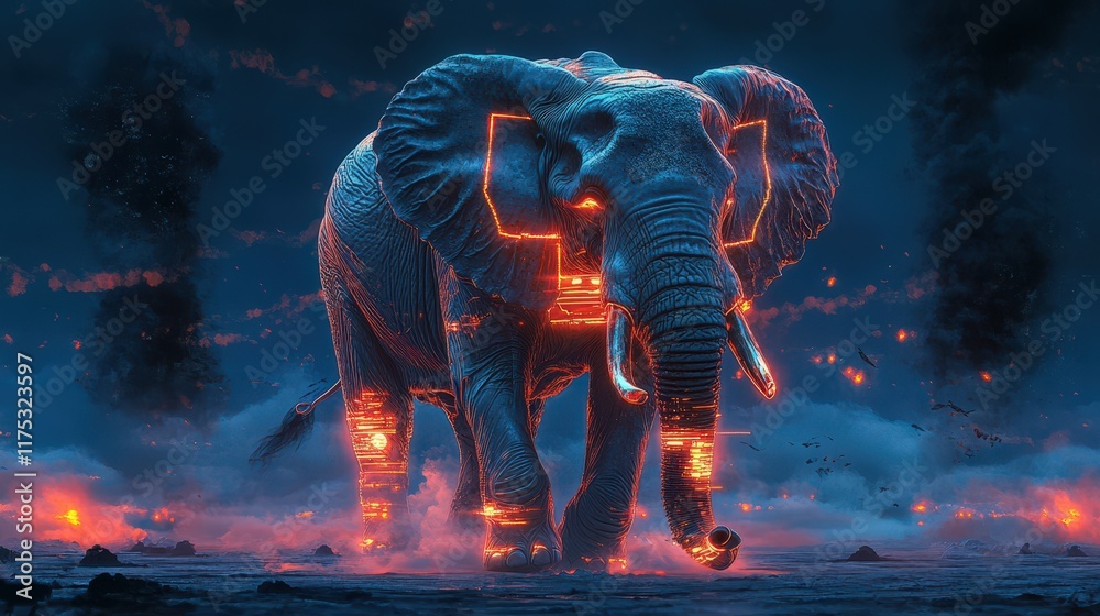 Fototapeta premium Cybernetic Elephant Walking Through Apocalyptic Landscape