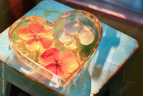 Valentine's Day pressed flowers love heart featuring pale lavender lilac blooms and soft orange nasturtium petals in complementary tones, encased in clear glass, displayed on a painted wooden stool  photo