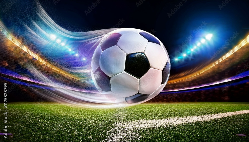 Naklejka premium Dynamischer Fußball mit Schweif, unscharfer Stadionhintergrund