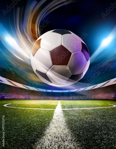 Stadion im Hintergrund: Fußball fliegt durch die Luft