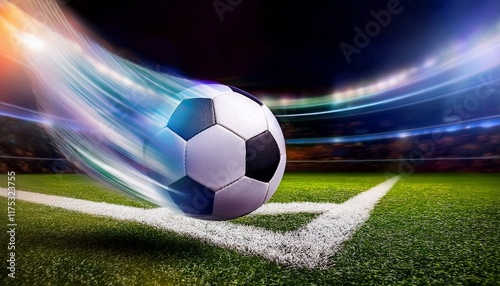 Sportliche Action: Fliegender Fußball mit unscharfem Stadion