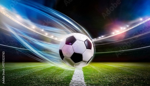 Nahaufnahme eines Fußballs in Bewegung, Stadion unscharf