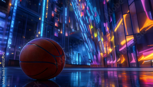 Basketball resting prominently in front of a state-of-the-art sports arena, illuminated by vibrant lights AI Generated
