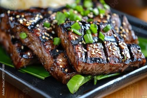 A plate of galbi (Korean short ribs) grilled to perfection, garnished with sesame seeds and green onions, served with lettuce wraps photo