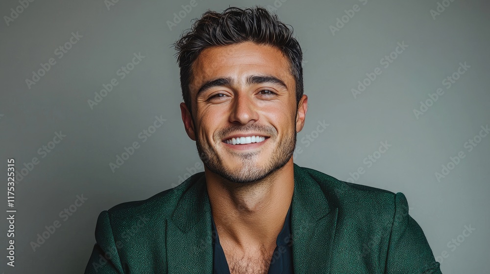 A charismatic and charming man with a dazzling smile, dressed in a sophisticated green jacket. Captivating portrait of happiness and style. A charismatic and charming man with a dazzling smile, dressed in a sophisticated green jacket. Captivating portrait of happiness and style.