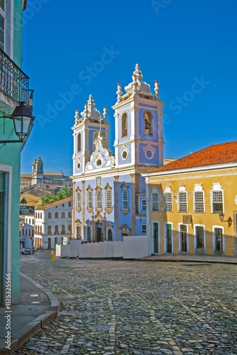 Historic district of Salvador de Bahia with colorful colonial buildings and a historic church