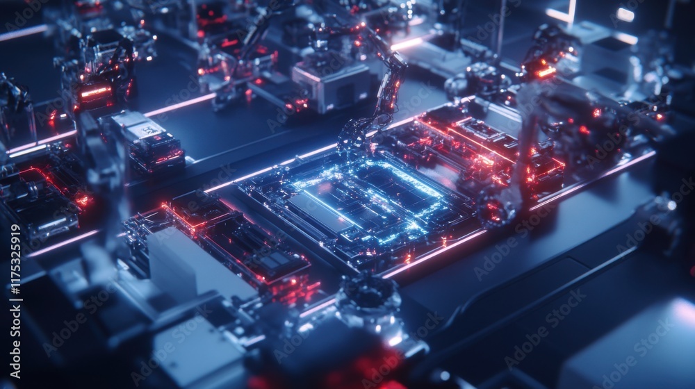 Futuristic Technology Scene Featuring Robots and Circuits in High-Tech Environment with Neon Lights and Intricate Details Futuristic Technology Scene Featuring Robots and Circuits in High-Tech Environment with Neon Lights and Intricate Details