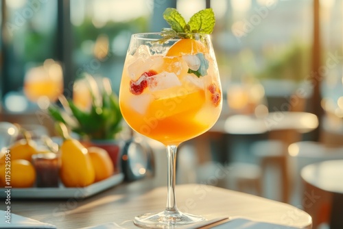 A refreshing glass of sujeonggwa (Korean cinnamon punch) served with ice cubes and dried persimmons photo