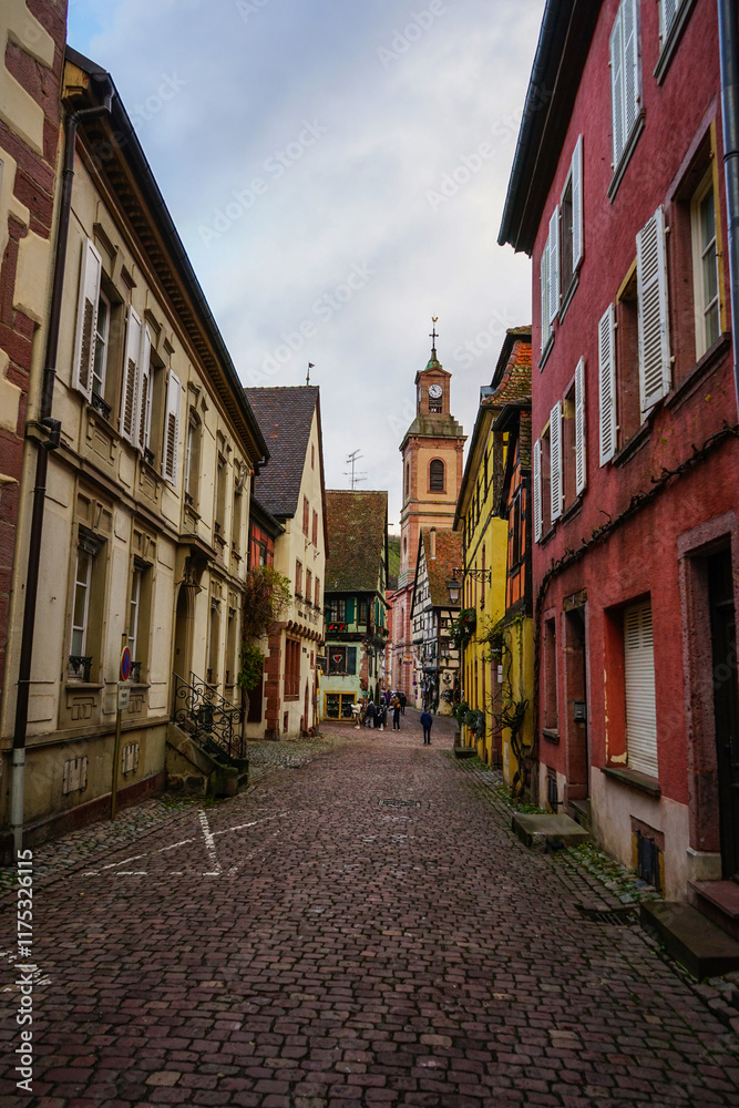 Fototapeta premium Empty road of Riquewihr, Alsace, France