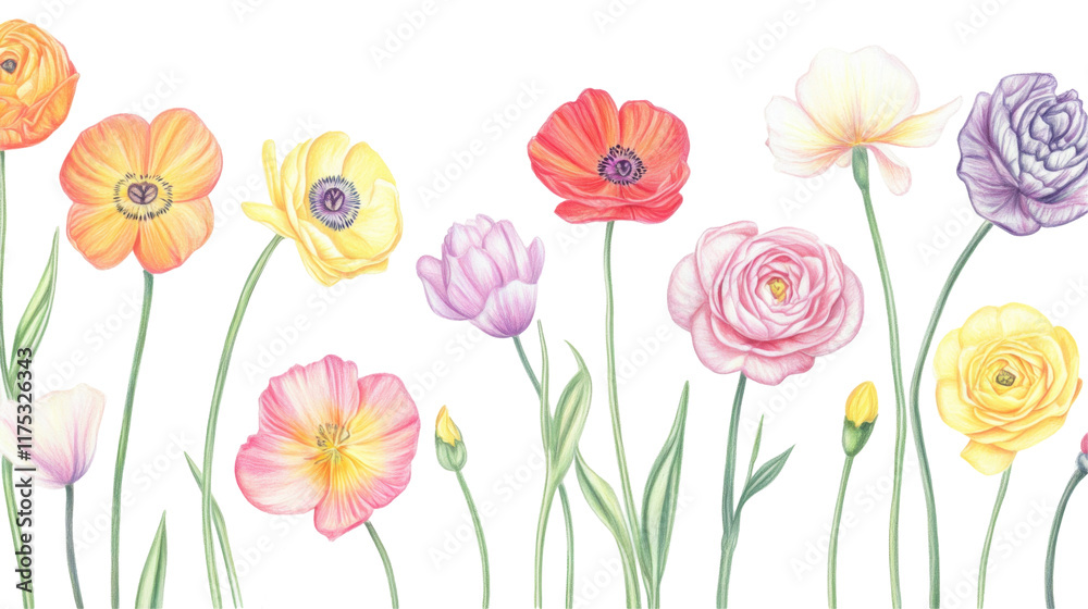 Fototapeta premium Colorful spring flowers pencil drawing on transparent background