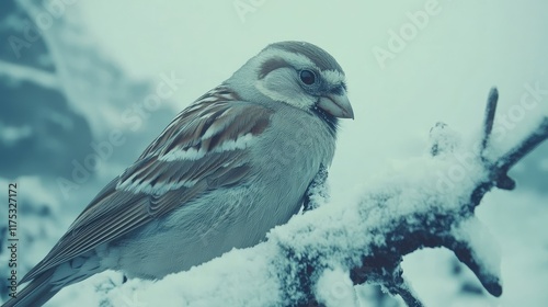 A serene image of a sparrow perched on a snow-dusted branch. The cool tones create a peaceful winter scene. Ideal for nature photography or winter-themed projects. photo