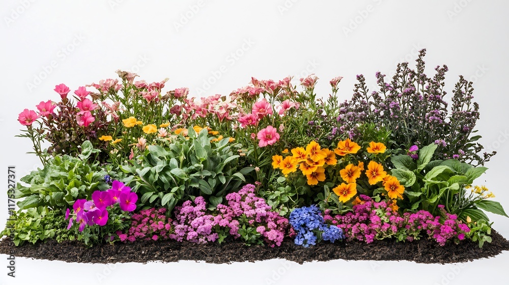 Fototapeta premium Vibrant Rainbow Flower Garden Bed: A Stunning Display of Colorful Blooms