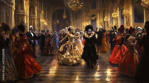  A masquerade ball in a grand ballroom, attendees dressed in elegant costumes and intricate masks2