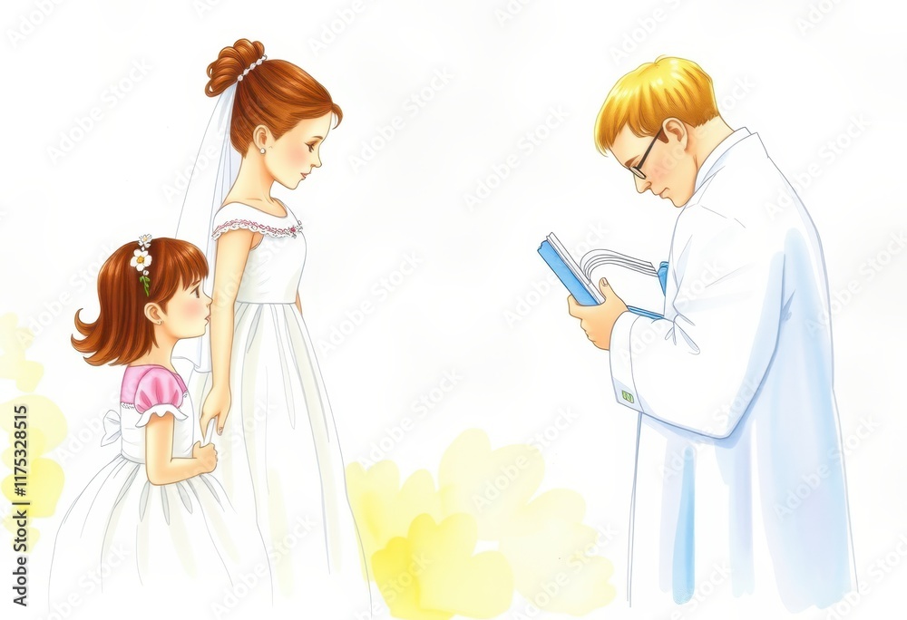 Fototapeta premium a cartoon of a bride and her daughter reading a book