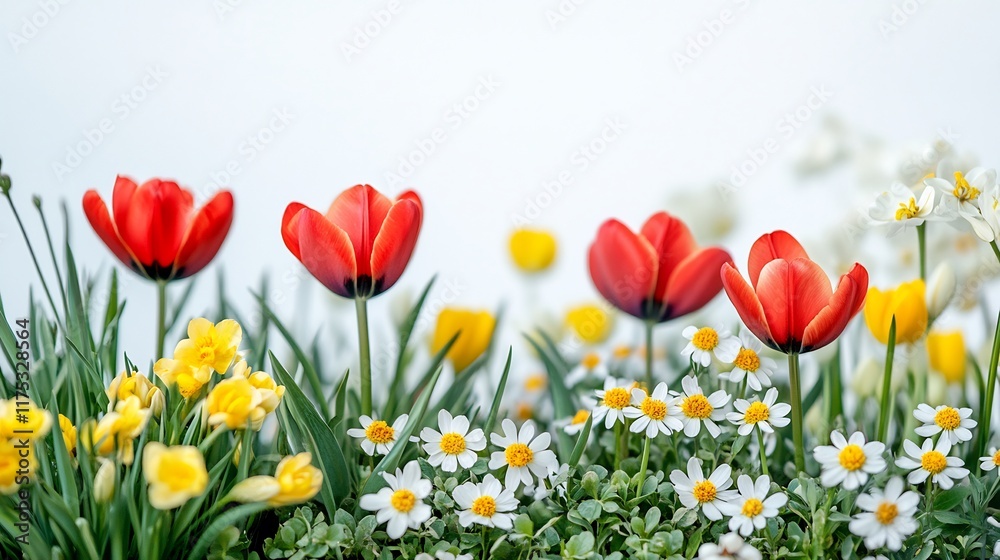 Fototapeta premium Vibrant Spring Meadow: A Symphony of Tulips and Daisies