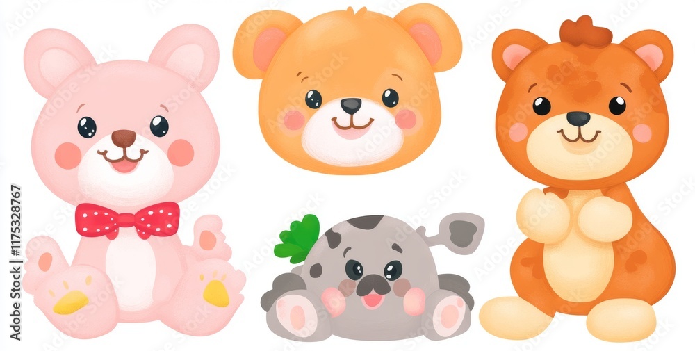 A white background features modern illustrations of isolated Asian animals A white background features modern illustrations of isolated Asian animals
