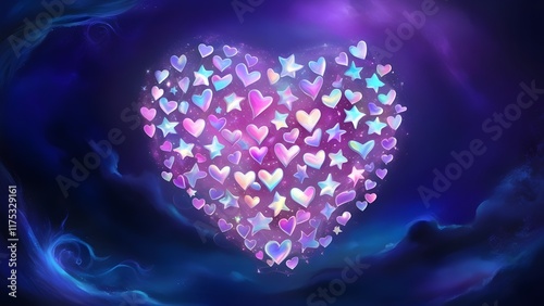 AI GENERATE, cluster of glowing heart-shaped stars in a dark,