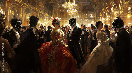  A masquerade ball in a grand ballroom, attendees dressed in elegant costumes and intricate masks