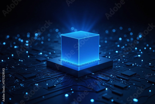 futuristic high tech theme with glowing metallic cube boards photo