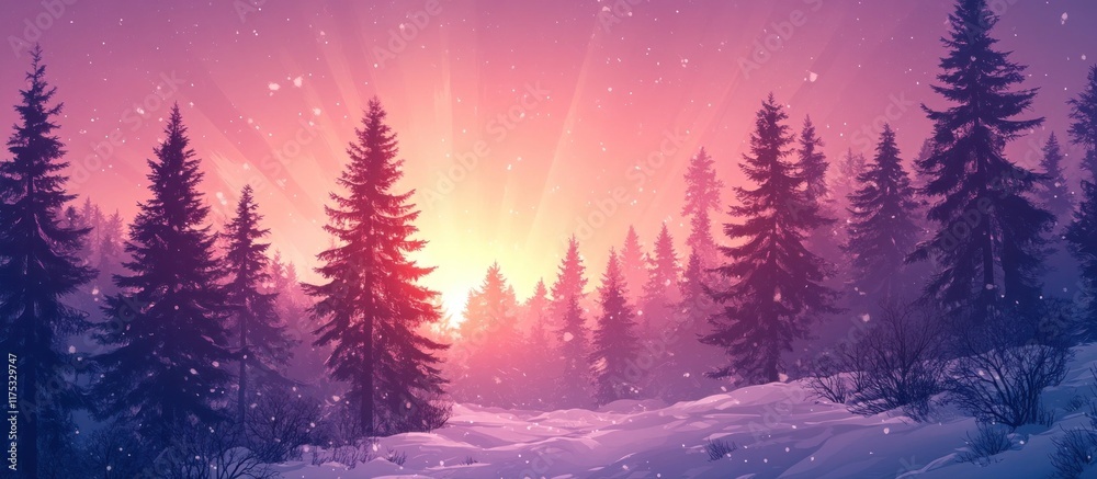 Naklejka premium Enchanting winter landscape with a snowy forest and glowing sunset sky filled with twinkling stars and a magical aurora display The peaceful serene scene evokes a sense of tranquility and wonder