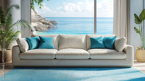 Stylish Seaside Home Interior Featuring Fabric Sofas with Turquoise Pillows in Modern Living Room
