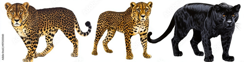 Group of 5 full-body portraits of Panthera wild cats such as Panther, cheetah, jaguar, lion, and tiger, isolated on a transparent background as PNG files Group of 5 full-body portraits of Panthera wild cats such as Panther, cheetah, jaguar, lion, and tiger, isolated on a transparent background as PNG files