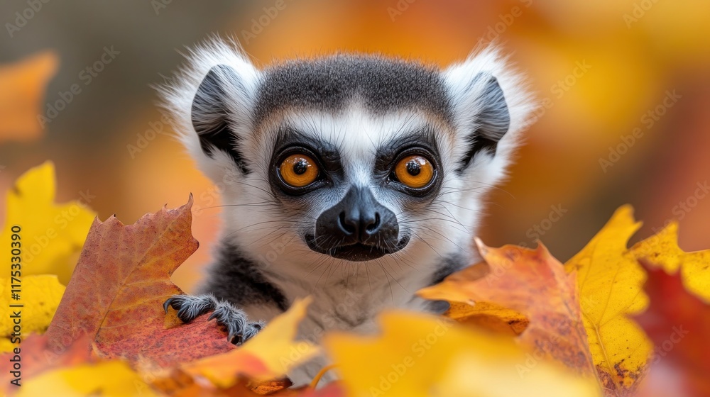 Fototapeta premium Ring-tailed lemur peeking from autumn leaves.