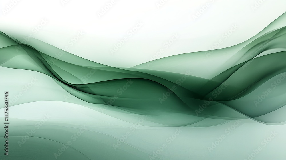 Obraz premium Abstract green waves flow across a white background. Subtle gradations of color create a serene and calming mood.