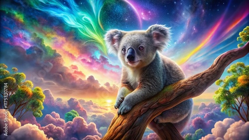 Surreal Koala Coloring Page: Dreamy Eucalyptus Forest Scene photo