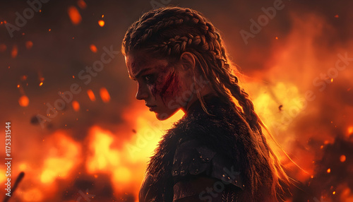 Brave Viking warrior girl with braided hair, standing in a fiery battlefield, untamed and fierce AI Generated photo