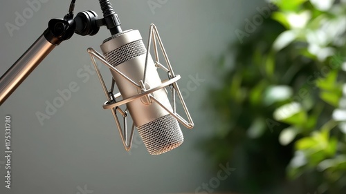 Microphone on a stand with greenery backdrop