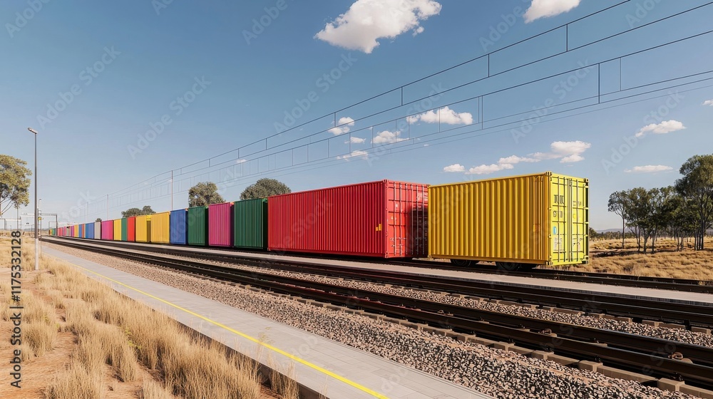 Fototapeta premium Cargo management ensures secure transportation. Colorful freight containers lined along a railway track under a blue sky.