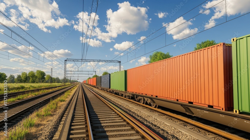 Obraz premium Cargo management ensures secure transportation. Train tracks with colorful shipping containers under a blue sky.