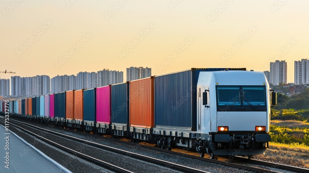 Fototapeta premium Cargo management ensures secure transportation. Train transporting colorful containers alongside a city skyline.