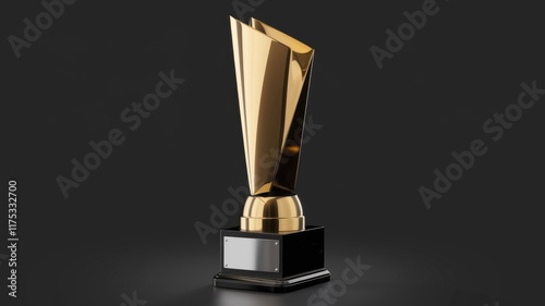 A sleek, gold trophy with a modern design, stands on a black base, ready for an award ceremony.