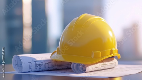 Yellow hard hat on construction plans