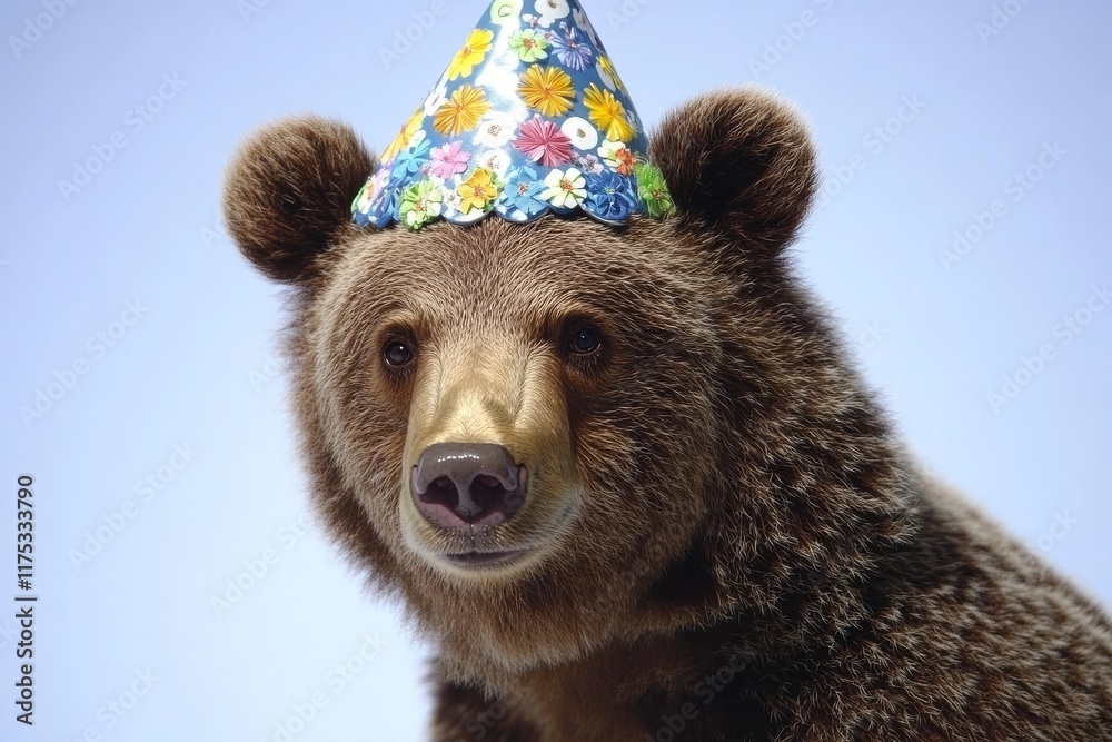 Fototapeta premium On a blue backdrop, a brown bear adorned with a party hat embodies a humorous animal birthday theme