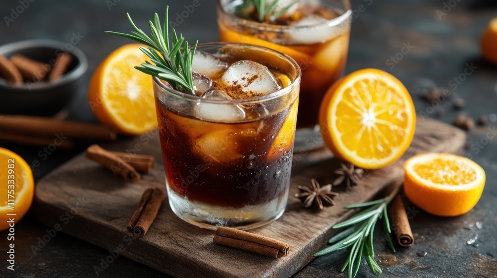 A stylish presentation of iced black coffee with citrus layers, garnished with rosemary and cinnamon, placed on a textured dark background. A stylish presentation of iced black coffee with citrus layers, garnished with rosemary and cinnamon, placed on a textured dark background.