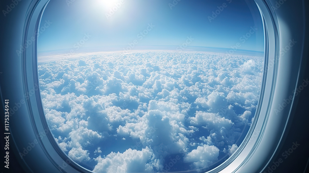 Stunning clouds and blue sky from airplane window view Stunning clouds and blue sky from airplane window view