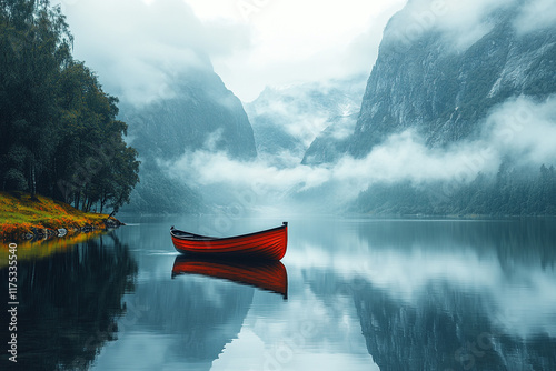 Red Boat on Misty Mountain Lake Scenic View photo