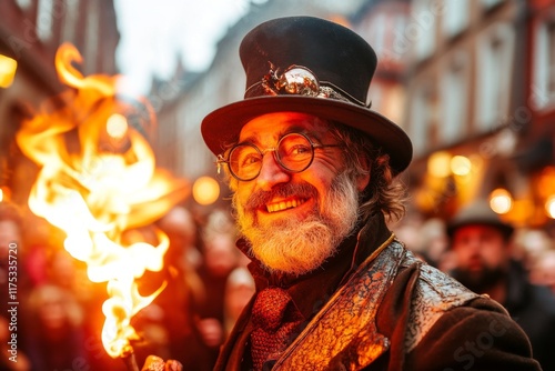 A street performer juggling fire in the Main Market Square, with an excited crowd clapping and cheering