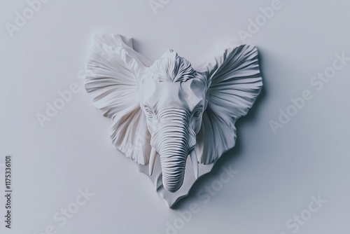 Solitarily positioned, an elephant's large ears and tusks are prominently displayed against a plain background, highlighting its impressive stature and calm demeanor photo