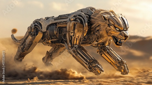 Majestic Mechanical Lion in Desert