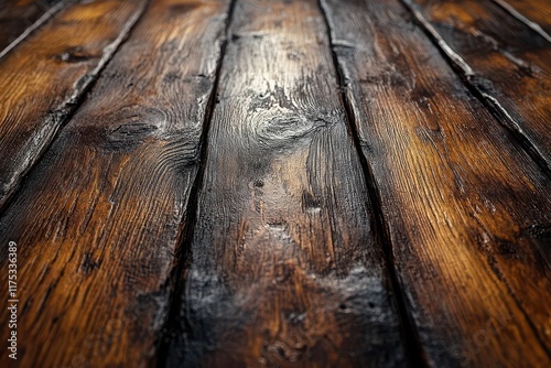 closeup of a rustic wooden surface with deep grooves and a rich dark patina exuding a sense of history and warmth ideal for vintagethemed designs photo